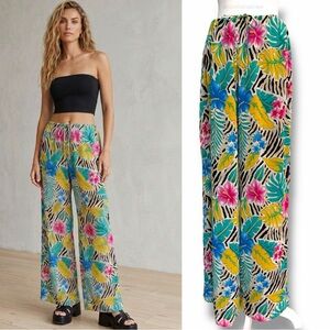 Vintage 90s CACHÉ Tropical Zebra Palazzo Pants Lined Highrise Wide Leg Size L  M